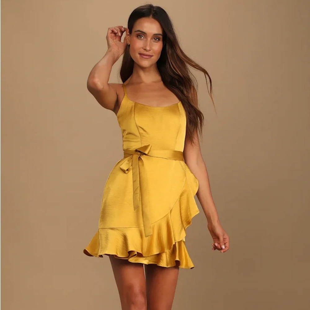 Glamourous Lifestyle Mustard Yellow Satin Faux-Wrap Mini Dress | Small